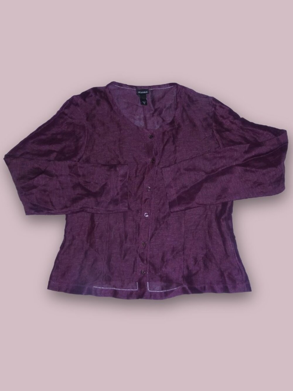 Eileen Fisher Sheer Button-Up Detailed Trim Long Sleeve Blouse Size 0/XS